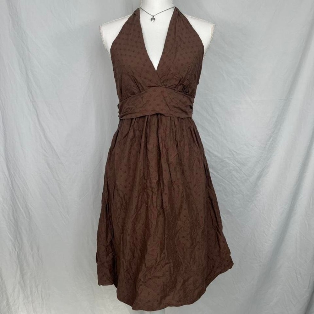 BCBG Y2K Brown Spring and Summer Halter Tie Back Cotton Dress